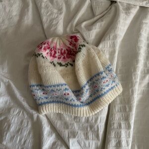 Floral Knit Beanie - Cream, Pink, Blue